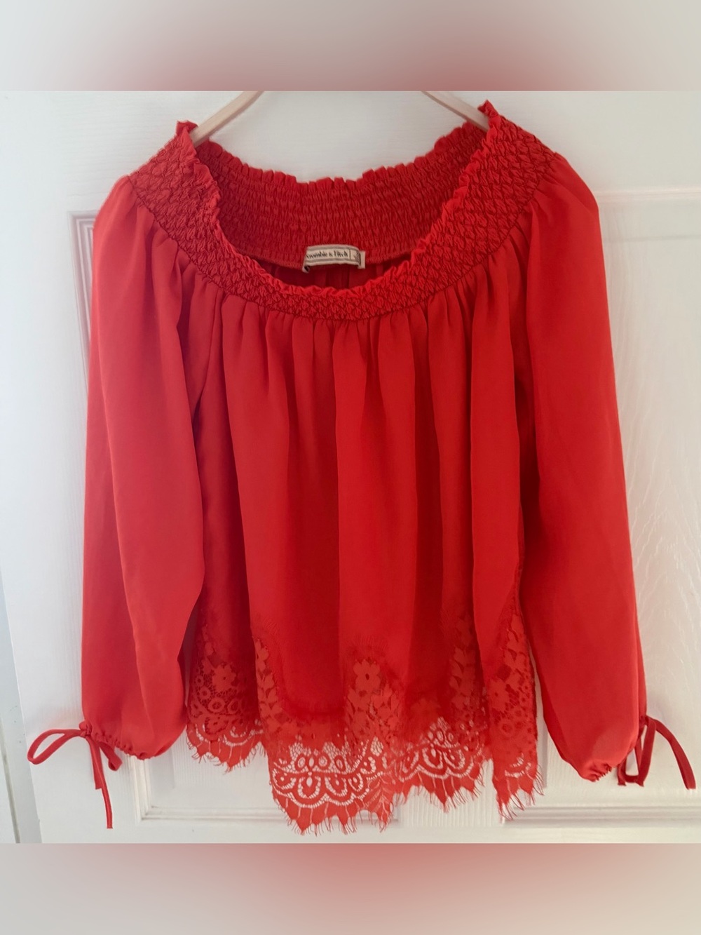 Abercrombie & Fitch Red Lace-Hem Smocked Blouse